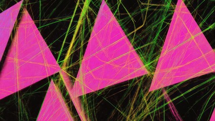 Abstract geometric composition with pink triangles and dynamic lines on dark background.