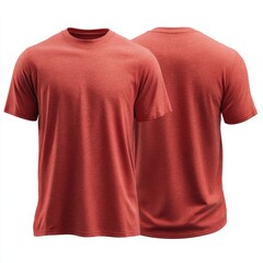 Red heathered short sleeve t-shirt, front and back isolated views on background isolated on white background