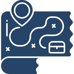 Flat dark blue vector graphic icon representing a stylized map with a route marked by a dotted line and location pin alongside a treasure chest symbol on a transparent background