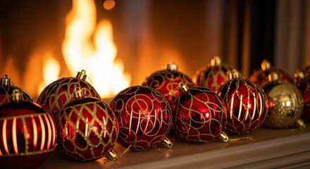 Elegant Christmas Ornaments Glow Warmly by a Crackling Fireplace