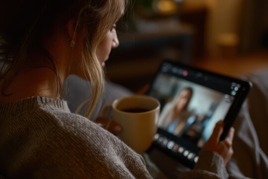 Young woman holding coffee mug while video chatting on tablet at home, relaxing on couch in warm evening light during cozy online conversation with friend