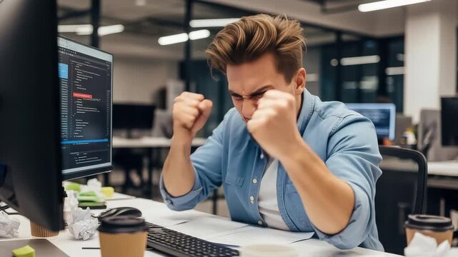 Frustrated programmer with fists clenched in anger while working late at his computer in a modern office