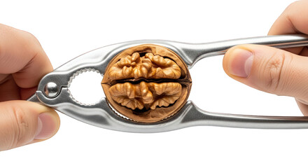 Hands holding a metal nutcracker with a walnut on a