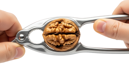 Hands holding a metal nutcracker with a walnut on a