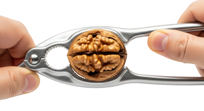 Hands holding a metal nutcracker with a walnut on a