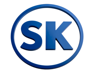 A vibrant blue insignia features the letters 'SK' within a circular frame, rendered with a glossy, three-dimensional effect against black