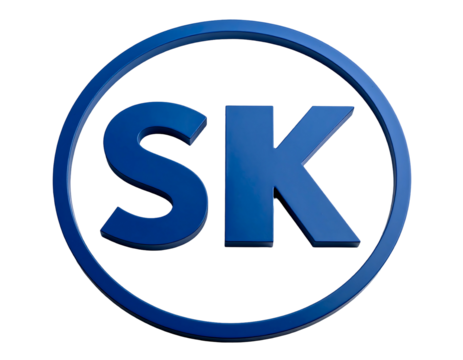 A vibrant blue insignia features the letters 'SK' within a circular frame, rendered with a glossy, three-dimensional effect against black