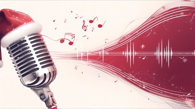 Microphone and visualized columnar sound waves, notes, Christmas themed concert music festival party background illustrations1