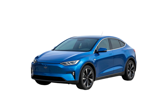 A vibrant blue electric vehicle, a crossover SUV, presented against a black background. Its sleek design, from its wheels to its panoramic glass roof