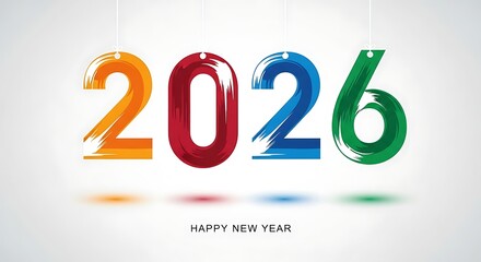 Vibrant colorful brush stroke numbers 2026 hanging against a clean white background celebrating the upcoming new year with a festive artistic design
