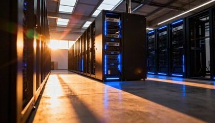 Server Room: A high-tech server room glows with data, a testament to the digital age. This image evokes feelings of innovation, security.