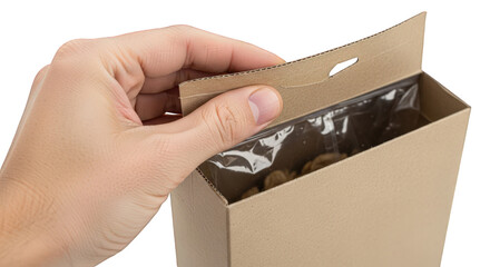 Hand opening a brown cardboard box with plastic lining on a