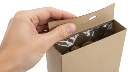 Hand opening a brown cardboard box with plastic lining on a
