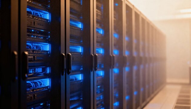Data Center's Core: A row of cutting-edge servers pulses with technological power, illuminating the heart of data storage and processing, representing the infrastructure of modern digital operations.