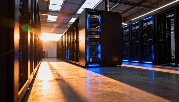 Server Room: A high-tech server room glows with data, a testament to the digital age. This image evokes feelings of innovation, security.