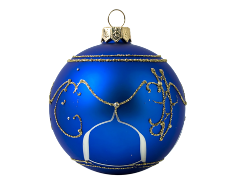 A vibrant blue sphere, festive decoration for holidays. It features gold ornamental detailing, creating an elegant visual appeal