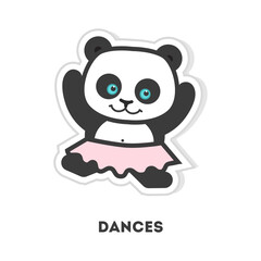 A cute cartoon panda bear in a pink ballet tutu dancing joyfully as a sticker illustration