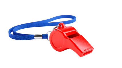 Bright red plastic whistle with a blue lanyard isolated on transparent background
