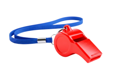 Bright red plastic whistle with a blue lanyard isolated on transparent background