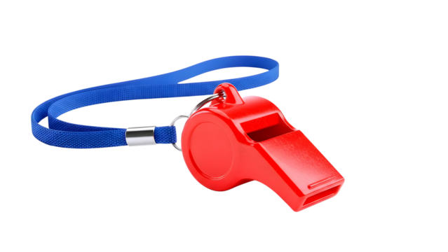 Bright red plastic whistle with a blue lanyard isolated on transparent background