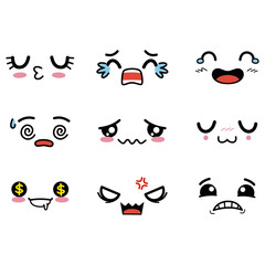 A diverse set of nine cute kawaii cartoon facial expressions showing various human emotions and reactions