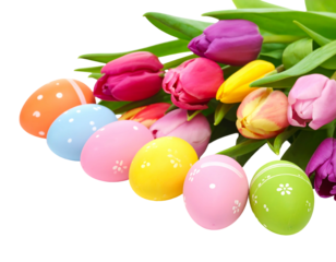 A vibrant composition featuring an array of painted Easter eggs and colorful tulips against a black backdrop, celebrating spring