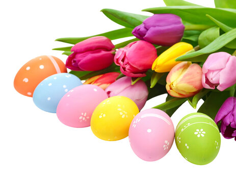 A vibrant composition featuring an array of painted Easter eggs and colorful tulips against a black backdrop, celebrating spring