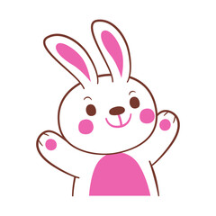 Cute cartoon white bunny rabbit with pink ears and paws, waving hello