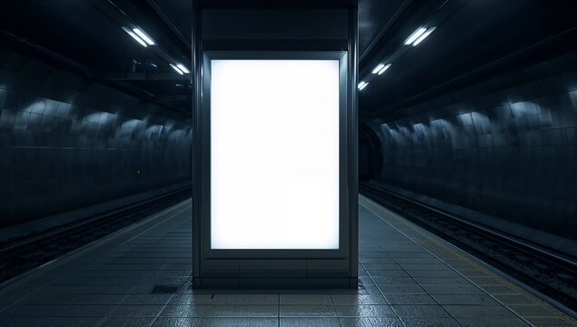 Blank advertising billboard shines brightly at a modern subway station platform setting