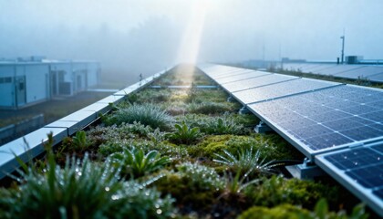 Solar Panels and Green Roof: Sustainable building integration with solar panel arrays and lush green roof plants against the backdrop of a morning haze.