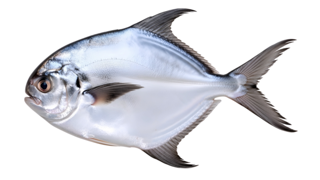 A single shiny silver pomfret fish with red eyes swimming isolated on transparent background
