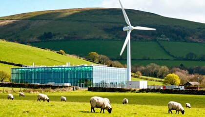 Sustainable Energy: A Modern Structure's Integration with Nature, Demonstrating Commitment to Environmental Responsibility. A striking modern building stands in harmony with its natural surroundings.