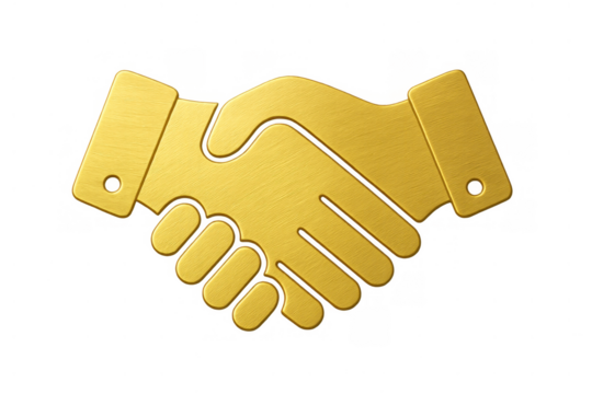 Handshake icon symbolizing business agreement, partnership, success, cooperation, and trust in a golden metallic style