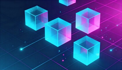 Digital Cube Array: An abstract digital landscape with a network of interconnected transparent cubes, creating an illusion of depth and technological sophistication.