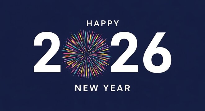 Happy new year 2026 with a vibrant colorful exploding fireworks display against a dark blue background celebrating the upcoming year and new beginnings