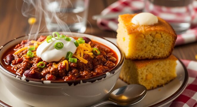 Steaming Bowl of Beef Chili with Sour Cream Shredded Cheese Green Onions and Fresh Cornbread with Butter