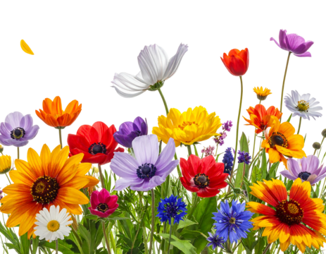 A vibrant border showcases diverse, colorful blossoms against a transparent backdrop, featuring various shapes and sizes