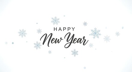 Elegant handwritten happy new year greeting with delicate falling snowflakes on a clean white background perfect for festive celebrations and winter holiday designs