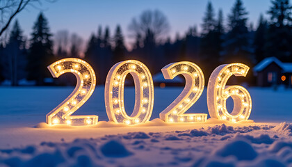 Illuminated 2026 Numbers in Snowy Winter Landscape at Sunset