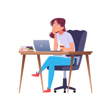 Young Woman Thinking at Desk, Working on Laptop with Coffee