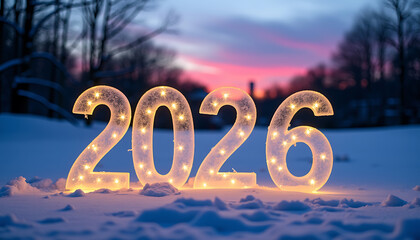 Illuminated 2026 Numbers in Snowy Winter Landscape at Sunset