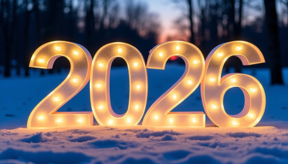 Illuminated 2026 Numbers in Snowy Winter Landscape at Sunset