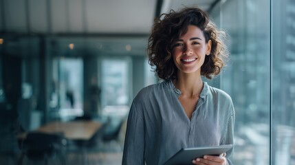 Confident Businesswoman Holding Tablet in Modern Office