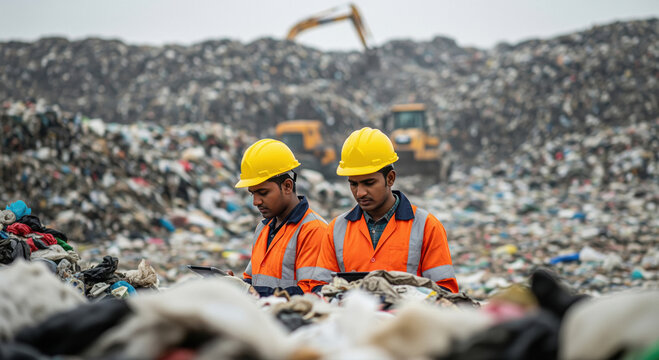 Two male engineers inspection at a large landfill site surrounded by piles of garbage and machinery. - Powered by Adobe