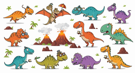 Colorful collection of cartoon dinosaurs in various poses and expressions. © JARWO
