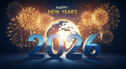 Happy new year 2026 with a glowing earth and spectacular fireworks display celebrating the global celebration of the upcoming year