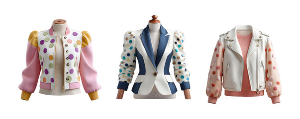 Chic Patterned Jackets Collection on Transparent Backdrop Stylish Polka Dot Outerwear with Pastel Accents Contemporary Fashion Apparel Designer Clothing Boutique Wardrobe Essentials Must Have