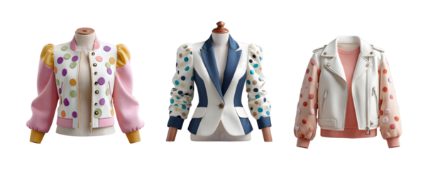 Chic Patterned Jackets Collection on Transparent Backdrop Stylish Polka Dot Outerwear with Pastel Accents Contemporary Fashion Apparel Designer Clothing Boutique Wardrobe Essentials Must Have