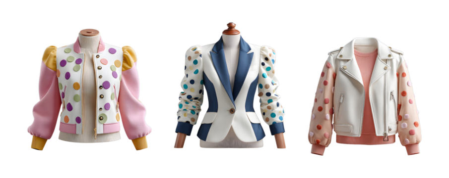 Chic Patterned Jackets Collection on Transparent Backdrop Stylish Polka Dot Outerwear with Pastel Accents Contemporary Fashion Apparel Designer Clothing Boutique Wardrobe Essentials Must Have