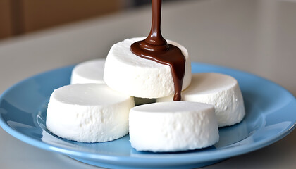 Marshmallows with Dripping Chocolate Sauce on Blue Plate